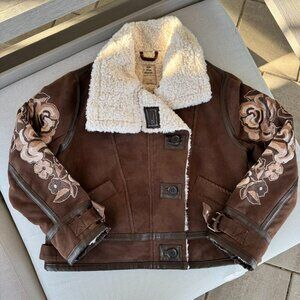 New Free People Andies Suede Vegan Embroidered Sherpa Lined Jacket Brown XS